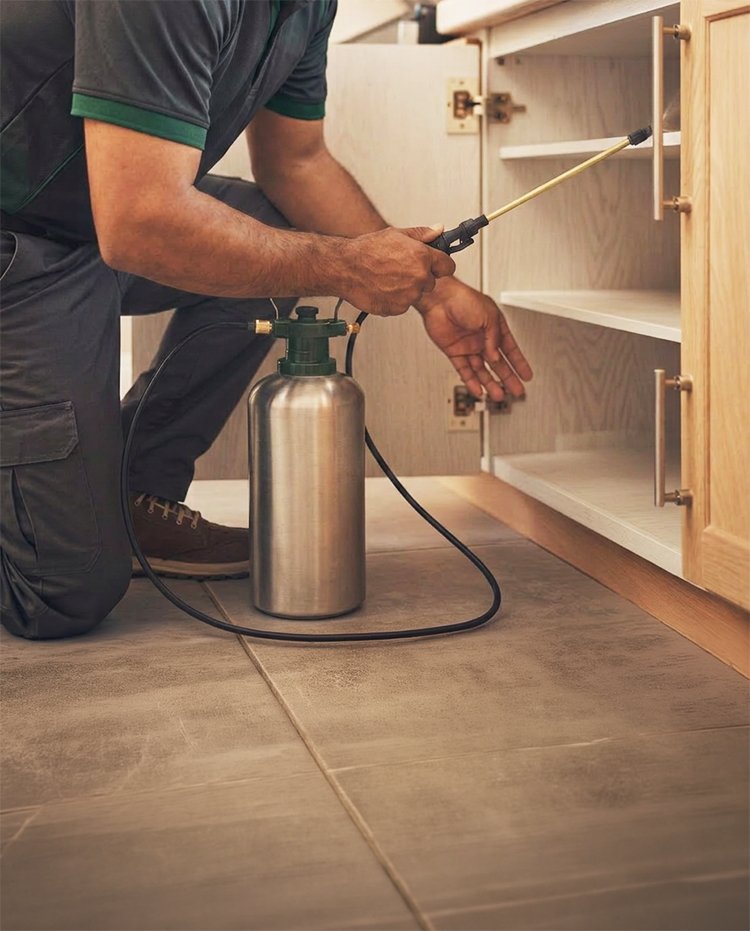 Renters and Apartments - Exterminator spraying safe pesticide in an apartment