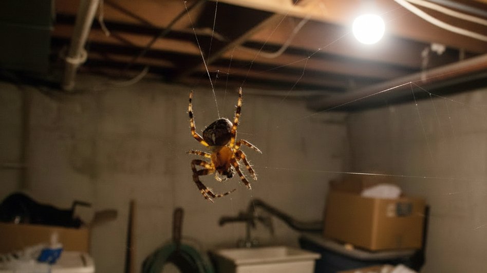 Spider hanging from basement ceiling. Call Buggin Out Pest Control- (908) 469-2719 to get rid of spiders