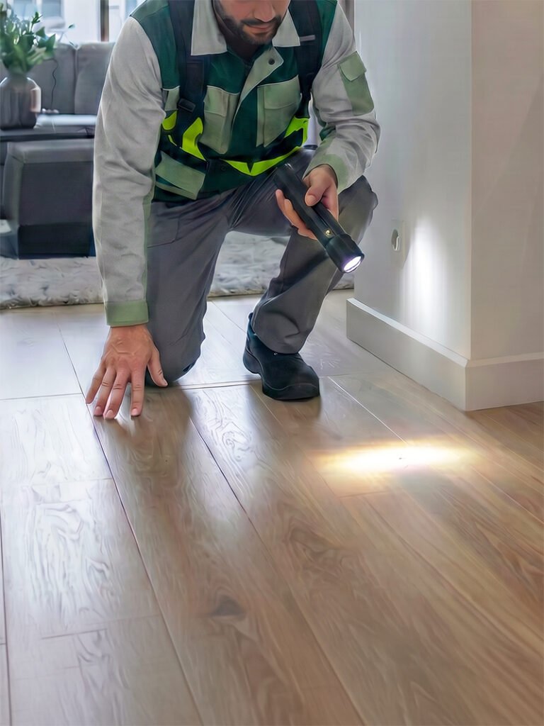 Pest control technician using light to detect pest in an apartment. Elizabeth NJ