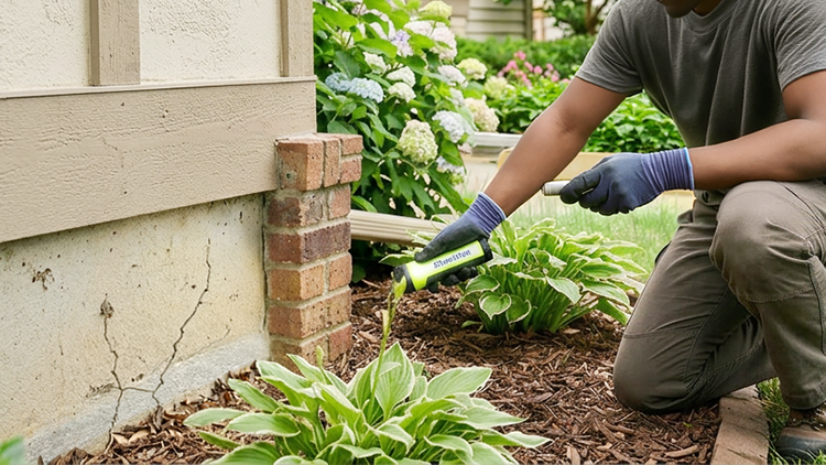 Pest control technician inspecting home exterior for entry point. Call Buggin Out Pest Control- (908) 469-2719 to get rid of pests.