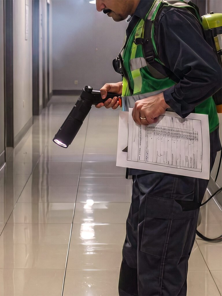 Pest control technician using light to detect pest. Elizabeth NJ