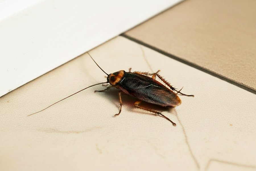 Roach on kitchen floor near base board. Call Buggin Out - (908) 469-2719 to get rid of roaches.